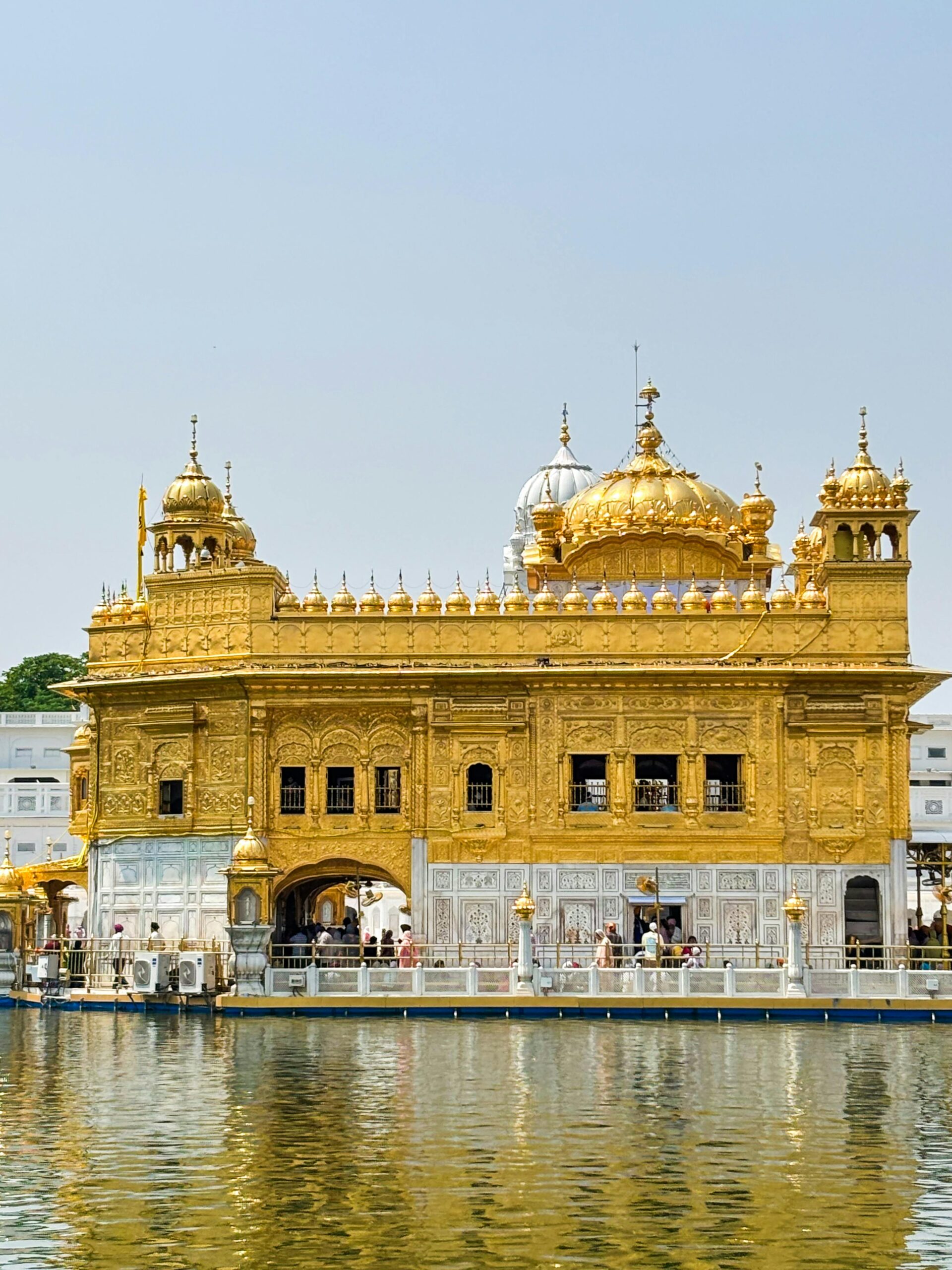 Stunning view of the Golden Temple reflecting in water on a sunny day in Amritsar, India.