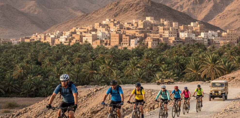Scoprire la storia dell'Oman in bicicletta, un'escursione privata ed esclusiva tra le oasi di Al Hamra con Black Dove Holidays.