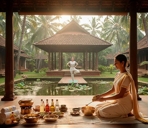 Una terapista prepara oli caldi alle erbe per un trattamento Ayurveda in un resort di lusso in Kerala, mentre sullo sfondo una donna pratica yoga davanti a un laghetto di ninfee.
