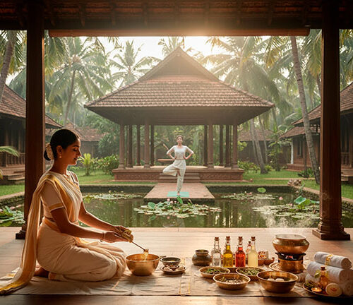 Una terapista prepara oli caldi alle erbe per un trattamento Ayurveda in un resort di lusso in Kerala, mentre sullo sfondo una donna pratica yoga davanti a un laghetto di ninfee.